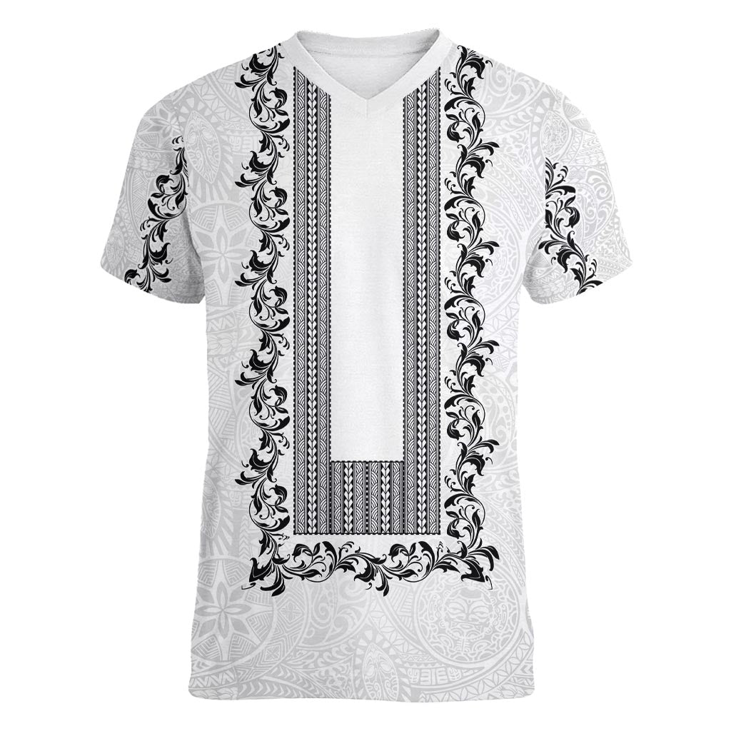 Philippines Polynesian Floral Pattern Women V-Neck T-Shirt With Barong Tagalog White Style