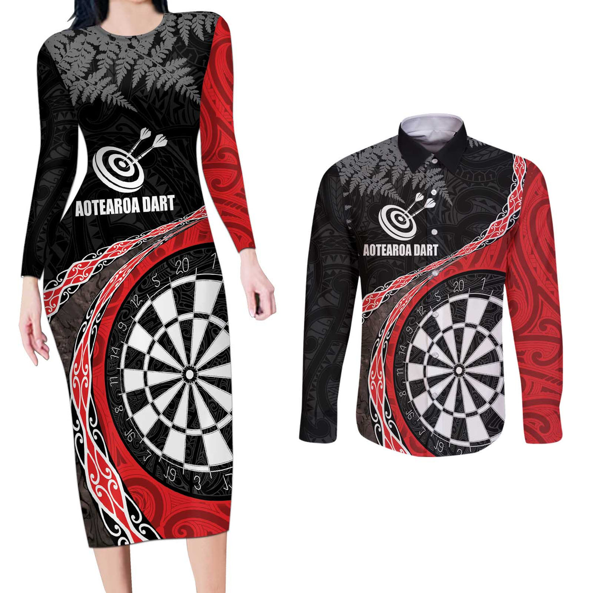 Personalised New Zealand Darts Couples Matching Long Sleeve Bodycon Dress and Long Sleeve Button Shirt Koru Tribal Tattoo and Silver Fern Maori Pattern Red Color LT03 Red - Polynesian Pride