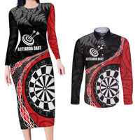 Personalised New Zealand Darts Couples Matching Long Sleeve Bodycon Dress and Long Sleeve Button Shirt Koru Tribal Tattoo and Silver Fern Maori Pattern Red Color LT03 Red - Polynesian Pride