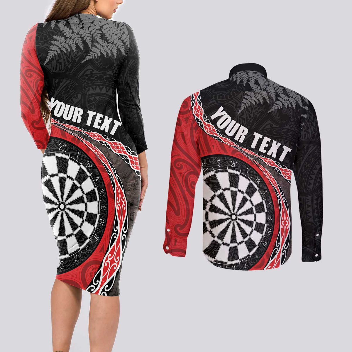 Personalised New Zealand Darts Couples Matching Long Sleeve Bodycon Dress and Long Sleeve Button Shirt Koru Tribal Tattoo and Silver Fern Maori Pattern Red Color LT03 - Polynesian Pride