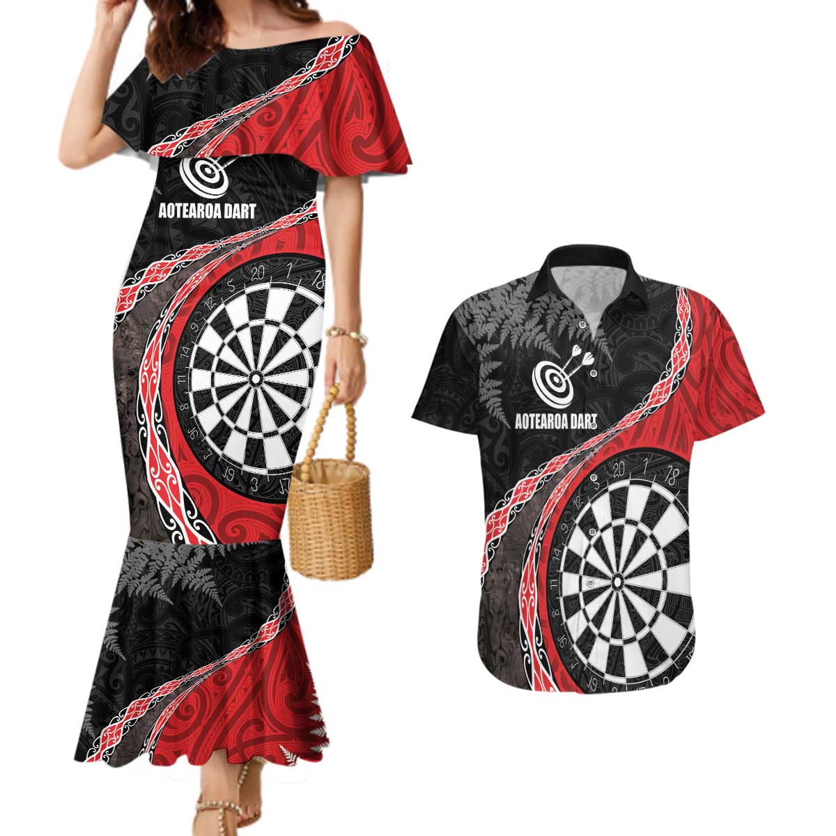 Personalised New Zealand Darts Couples Matching Mermaid Dress and Hawaiian Shirt Koru Tribal Tattoo and Silver Fern Maori Pattern Red Color LT03 Red - Polynesian Pride