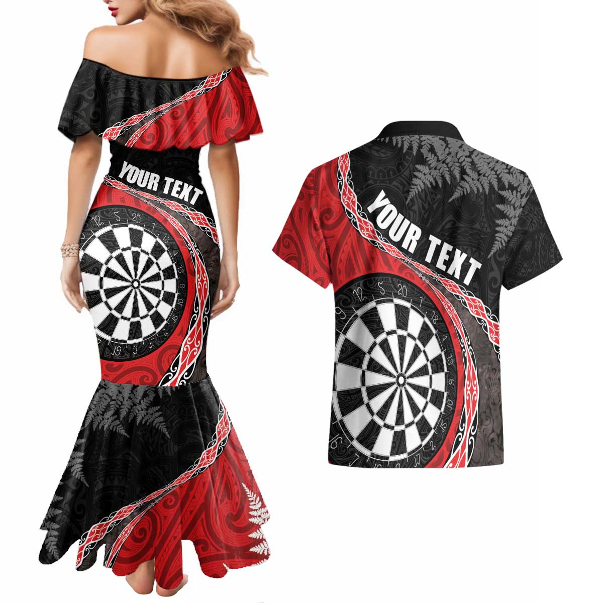 Personalised New Zealand Darts Couples Matching Mermaid Dress and Hawaiian Shirt Koru Tribal Tattoo and Silver Fern Maori Pattern Red Color LT03 - Polynesian Pride