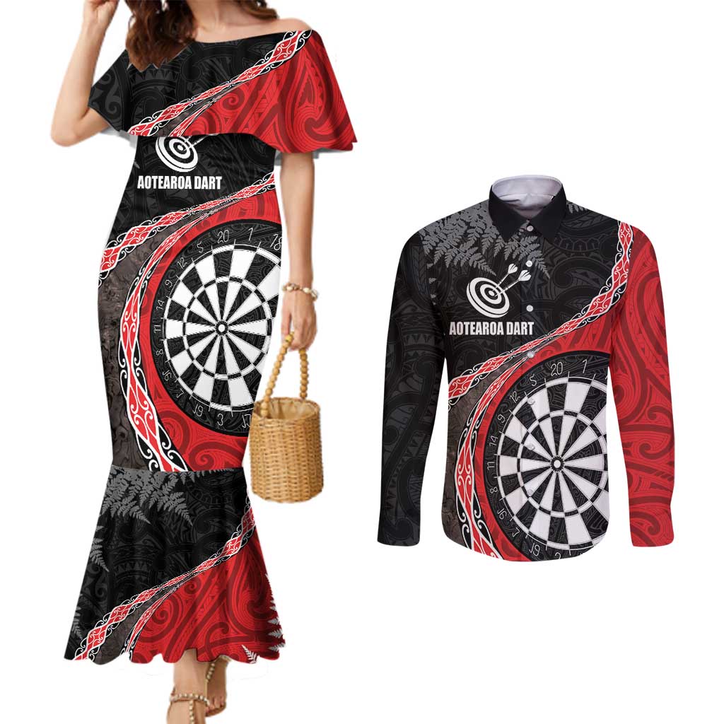 Personalised New Zealand Darts Couples Matching Mermaid Dress and Long Sleeve Button Shirt Koru Tribal Tattoo and Silver Fern Maori Pattern Red Color LT03 Red - Polynesian Pride