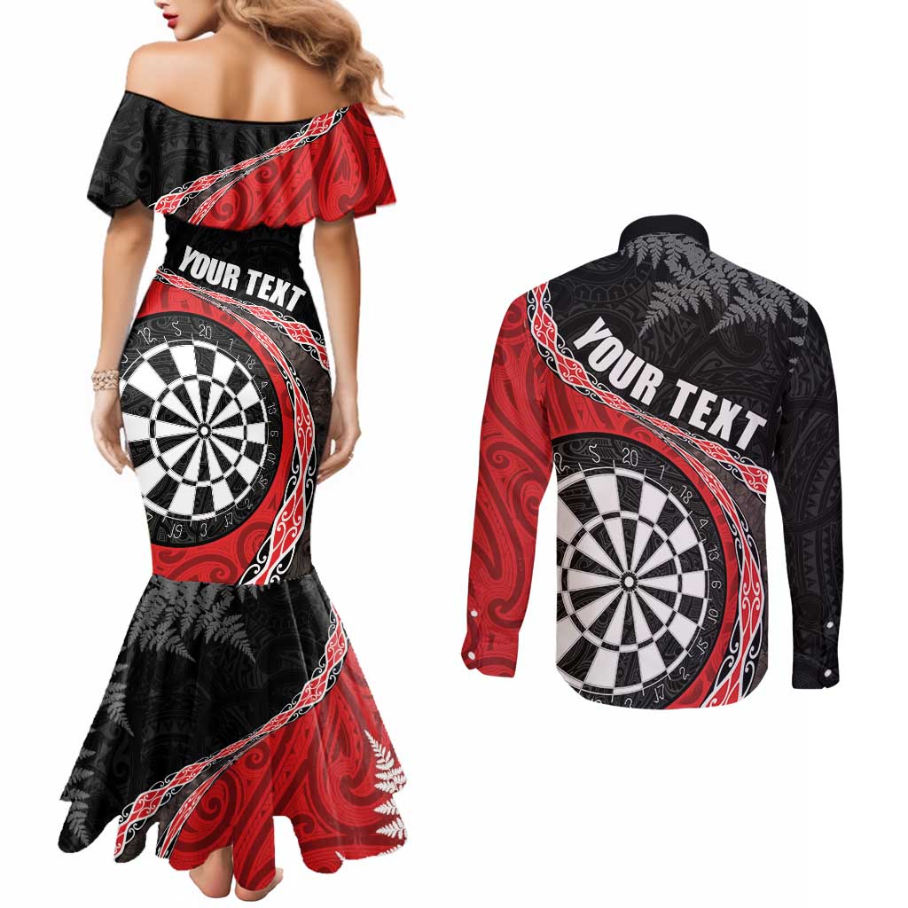Personalised New Zealand Darts Couples Matching Mermaid Dress and Long Sleeve Button Shirt Koru Tribal Tattoo and Silver Fern Maori Pattern Red Color LT03 - Polynesian Pride