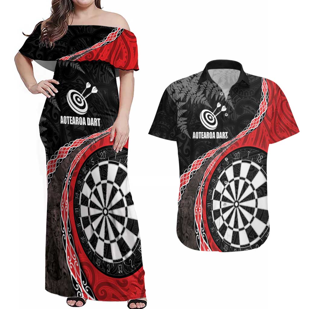 Personalised New Zealand Darts Couples Matching Off Shoulder Maxi Dress and Hawaiian Shirt Koru Tribal Tattoo and Silver Fern Maori Pattern Red Color LT03 Red - Polynesian Pride