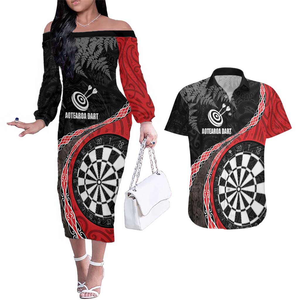 Personalised New Zealand Darts Couples Matching Off The Shoulder Long Sleeve Dress and Hawaiian Shirt Koru Tribal Tattoo and Silver Fern Maori Pattern Red Color LT03 Red - Polynesian Pride
