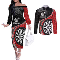Personalised New Zealand Darts Couples Matching Off The Shoulder Long Sleeve Dress and Long Sleeve Button Shirt Koru Tribal Tattoo and Silver Fern Maori Pattern Red Color LT03 Red - Polynesian Pride