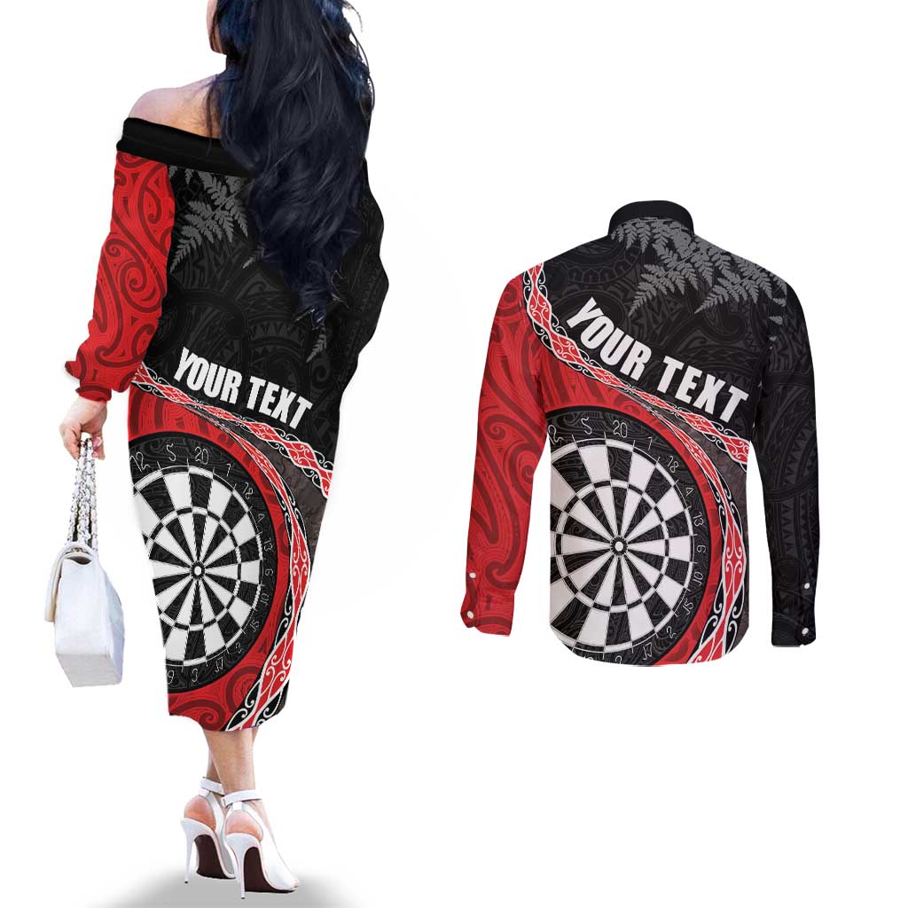 Personalised New Zealand Darts Couples Matching Off The Shoulder Long Sleeve Dress and Long Sleeve Button Shirt Koru Tribal Tattoo and Silver Fern Maori Pattern Red Color LT03 - Polynesian Pride