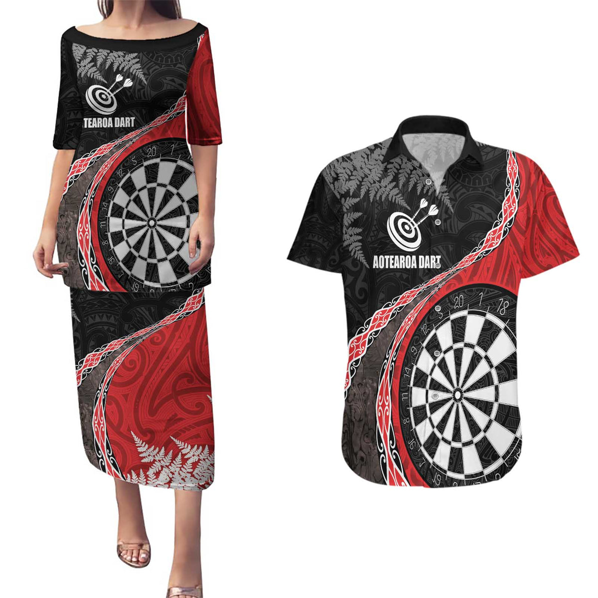 Personalised New Zealand Darts Couples Matching Puletasi and Hawaiian Shirt Koru Tribal Tattoo and Silver Fern Maori Pattern Red Color LT03 Red - Polynesian Pride