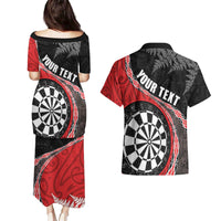 Personalised New Zealand Darts Couples Matching Puletasi and Hawaiian Shirt Koru Tribal Tattoo and Silver Fern Maori Pattern Red Color LT03 - Polynesian Pride