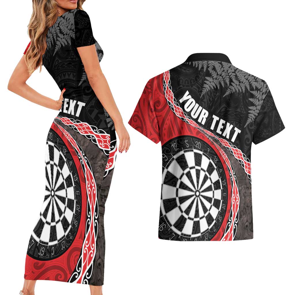 Personalised New Zealand Darts Couples Matching Short Sleeve Bodycon Dress and Hawaiian Shirt Koru Tribal Tattoo and Silver Fern Maori Pattern Red Color LT03 - Polynesian Pride