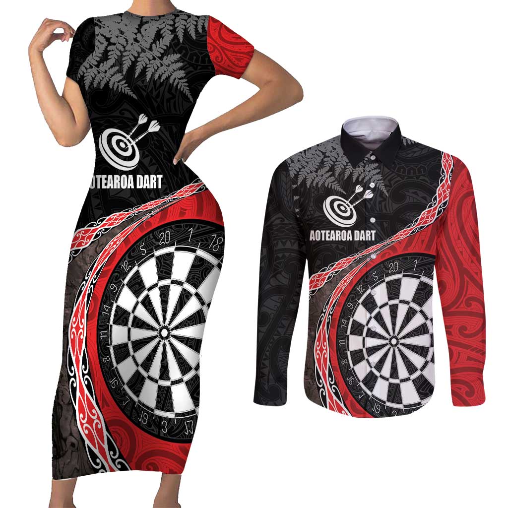 Personalised New Zealand Darts Couples Matching Short Sleeve Bodycon Dress and Long Sleeve Button Shirt Koru Tribal Tattoo and Silver Fern Maori Pattern Red Color LT03 Red - Polynesian Pride