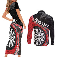 Personalised New Zealand Darts Couples Matching Short Sleeve Bodycon Dress and Long Sleeve Button Shirt Koru Tribal Tattoo and Silver Fern Maori Pattern Red Color LT03 - Polynesian Pride