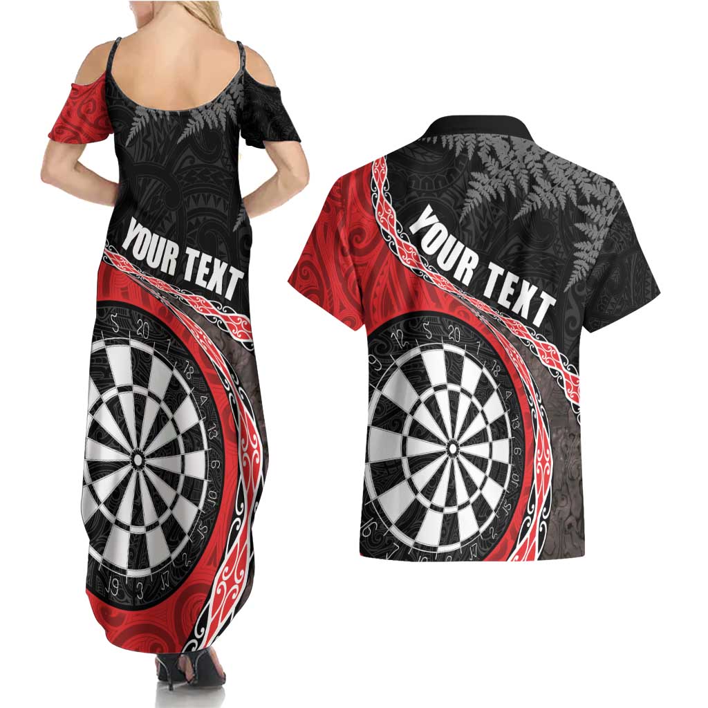 Personalised New Zealand Darts Couples Matching Summer Maxi Dress and Hawaiian Shirt Koru Tribal Tattoo and Silver Fern Maori Pattern Red Color LT03 - Polynesian Pride