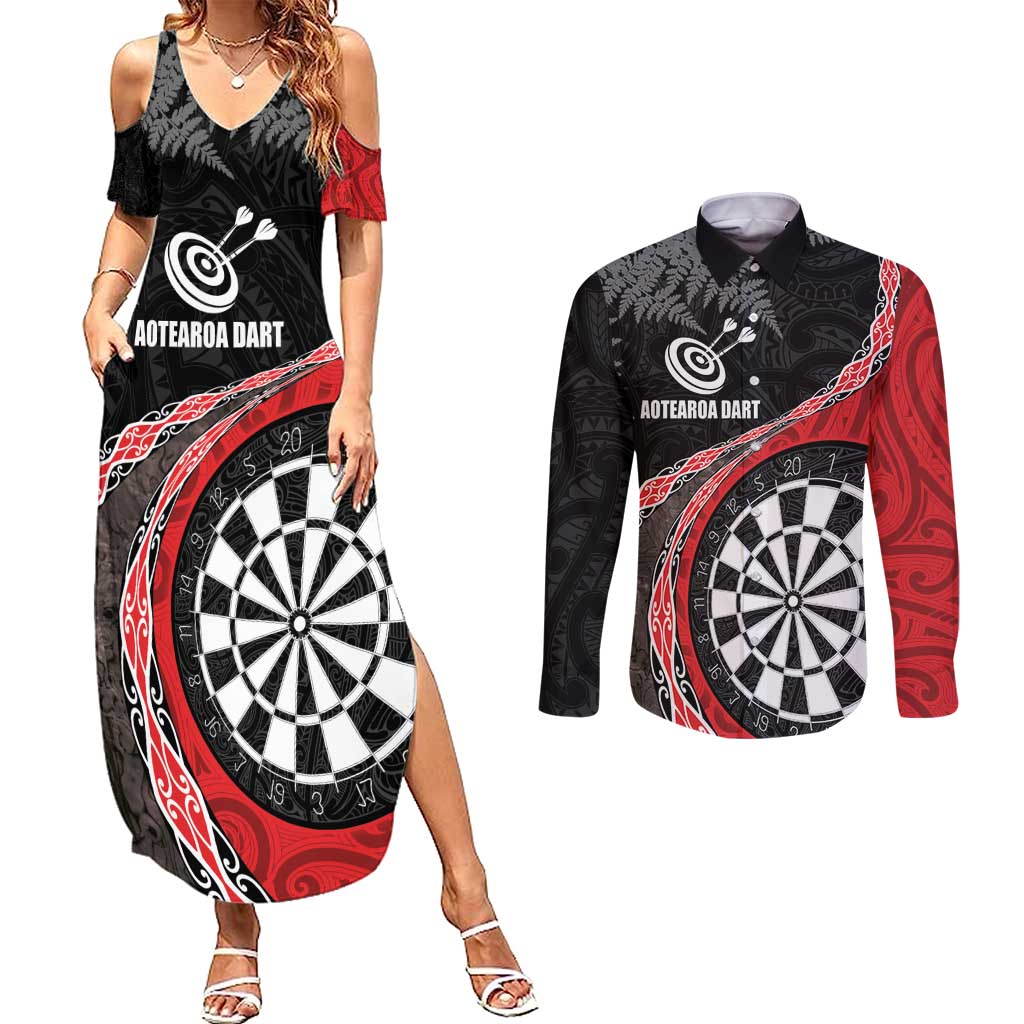 Personalised New Zealand Darts Couples Matching Summer Maxi Dress and Long Sleeve Button Shirt Koru Tribal Tattoo and Silver Fern Maori Pattern Red Color LT03 Red - Polynesian Pride