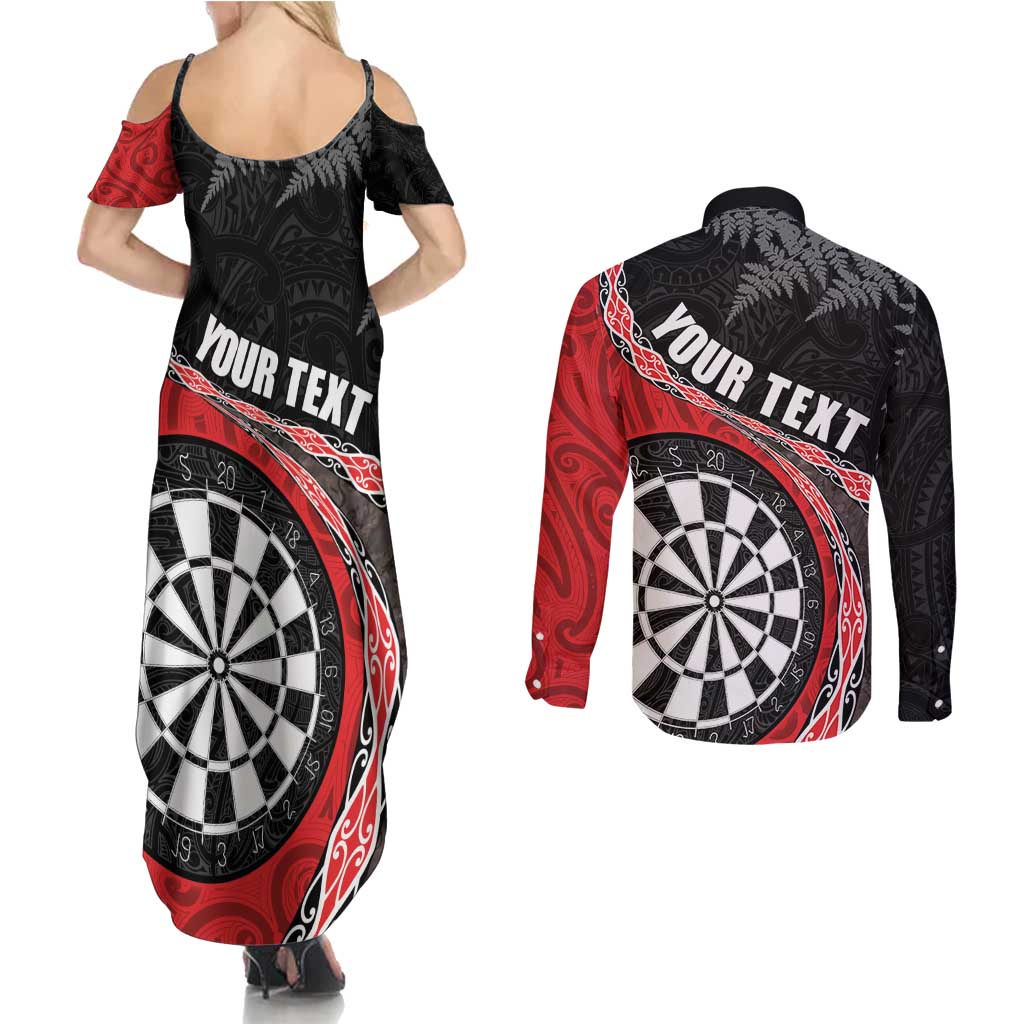 Personalised New Zealand Darts Couples Matching Summer Maxi Dress and Long Sleeve Button Shirt Koru Tribal Tattoo and Silver Fern Maori Pattern Red Color LT03 - Polynesian Pride