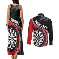 Personalised New Zealand Darts Couples Matching Tank Maxi Dress and Long Sleeve Button Shirt Koru Tribal Tattoo and Silver Fern Maori Pattern Red Color LT03 - Polynesian Pride