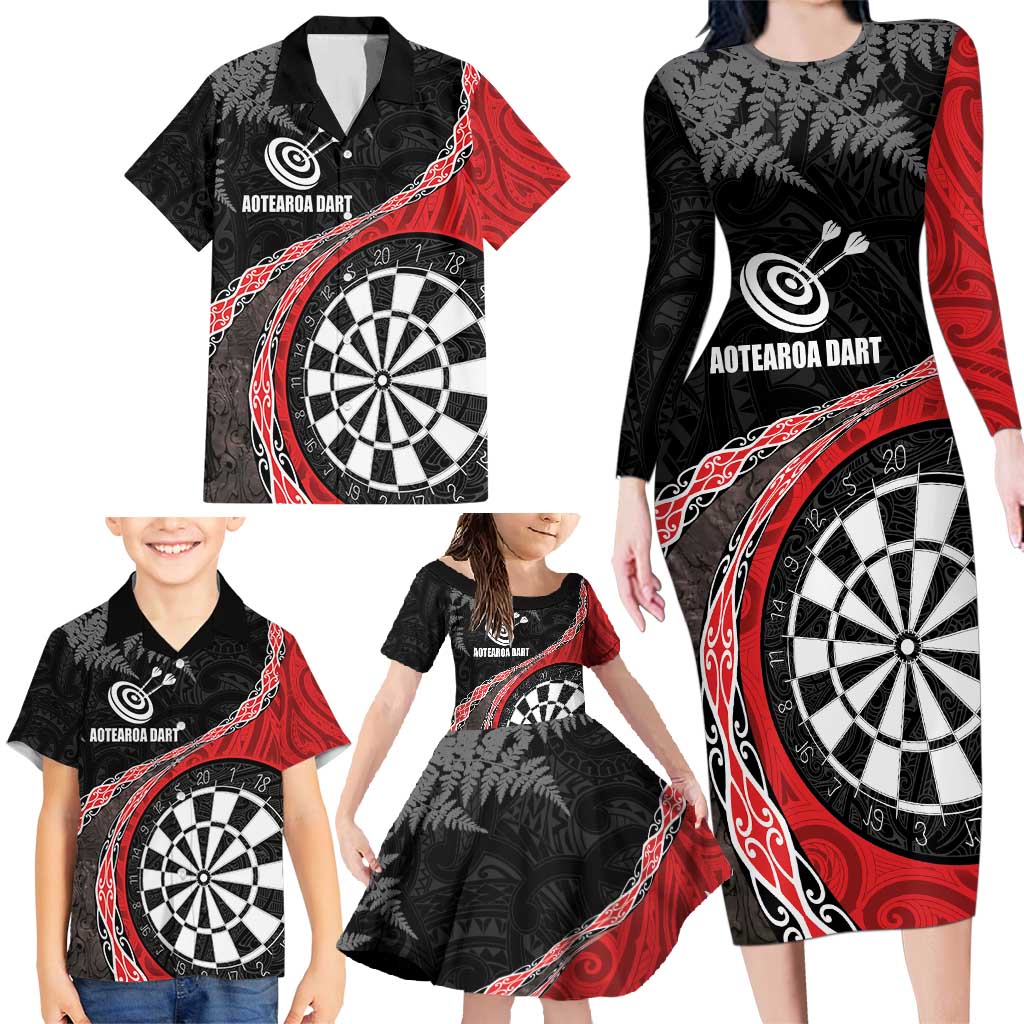 Personalised New Zealand Darts Family Matching Long Sleeve Bodycon Dress and Hawaiian Shirt Koru Tribal Tattoo and Silver Fern Maori Pattern Red Color LT03 - Polynesian Pride