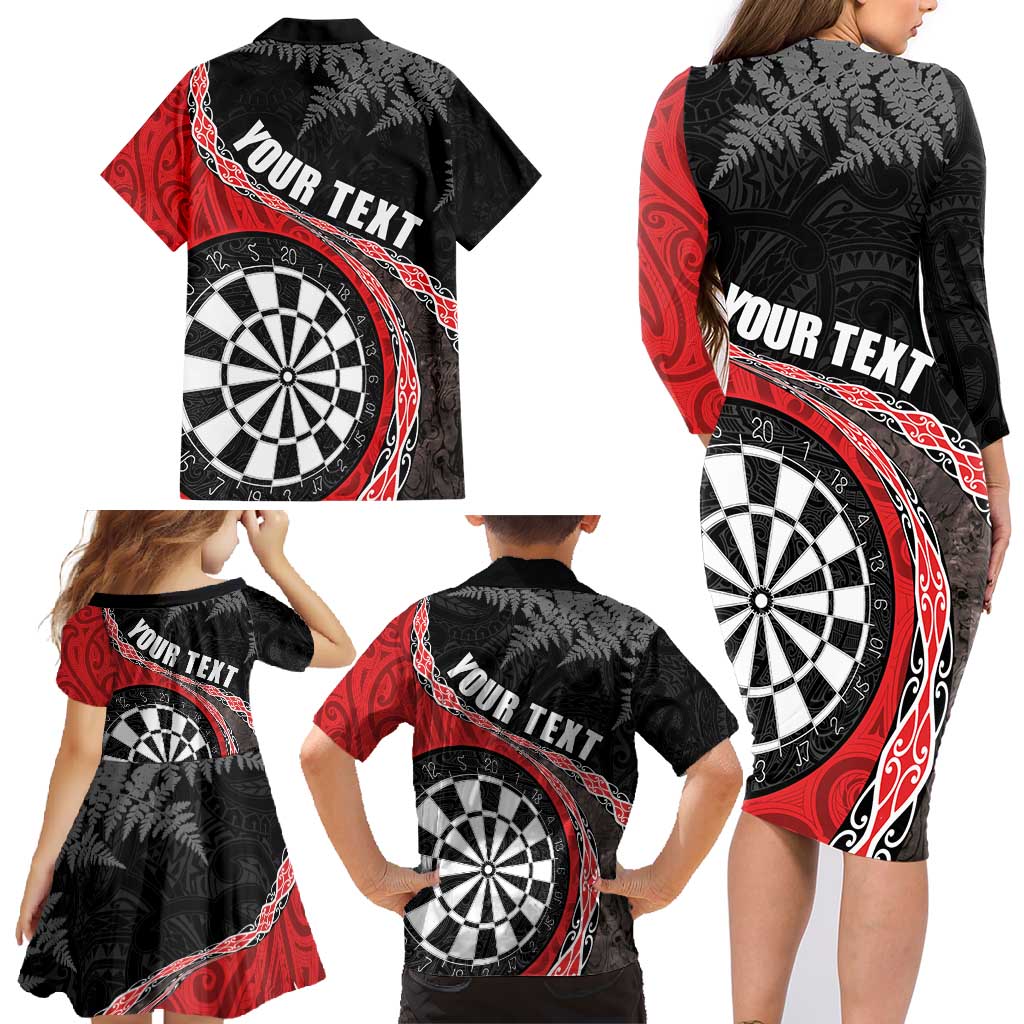 Personalised New Zealand Darts Family Matching Long Sleeve Bodycon Dress and Hawaiian Shirt Koru Tribal Tattoo and Silver Fern Maori Pattern Red Color LT03 - Polynesian Pride