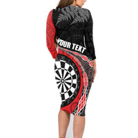 Personalised New Zealand Darts Family Matching Long Sleeve Bodycon Dress and Hawaiian Shirt Koru Tribal Tattoo and Silver Fern Maori Pattern Red Color LT03 - Polynesian Pride