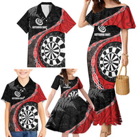 Personalised New Zealand Darts Family Matching Mermaid Dress and Hawaiian Shirt Koru Tribal Tattoo and Silver Fern Maori Pattern Red Color LT03 - Polynesian Pride