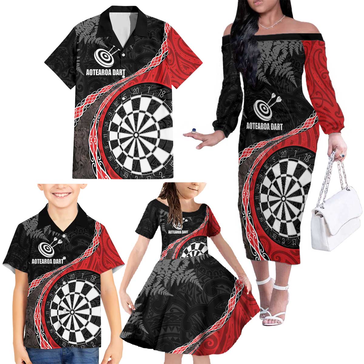 Personalised New Zealand Darts Family Matching Off The Shoulder Long Sleeve Dress and Hawaiian Shirt Koru Tribal Tattoo and Silver Fern Maori Pattern Red Color LT03 - Polynesian Pride