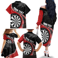 Personalised New Zealand Darts Family Matching Off The Shoulder Long Sleeve Dress and Hawaiian Shirt Koru Tribal Tattoo and Silver Fern Maori Pattern Red Color LT03 - Polynesian Pride