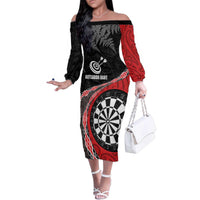 Personalised New Zealand Darts Family Matching Off The Shoulder Long Sleeve Dress and Hawaiian Shirt Koru Tribal Tattoo and Silver Fern Maori Pattern Red Color LT03 Mom's Dress Red - Polynesian Pride