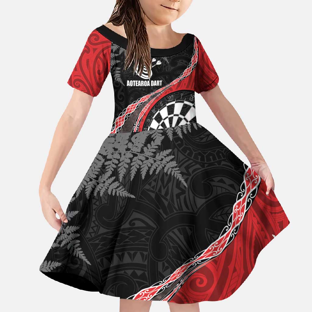 Personalised New Zealand Darts Family Matching Off Shoulder Maxi Dress and Hawaiian Shirt Koru Tribal Tattoo and Silver Fern Maori Pattern Red Color LT03 Daughter's Dress Red - Polynesian Pride