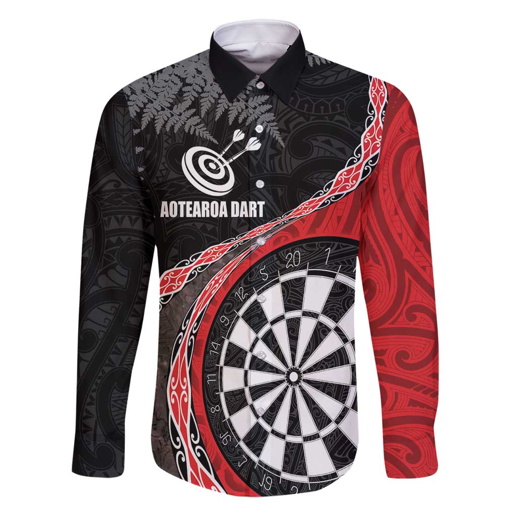 Personalised New Zealand Darts Family Matching Off Shoulder Maxi Dress and Hawaiian Shirt Koru Tribal Tattoo and Silver Fern Maori Pattern Red Color LT03 Dad's Shirt - Long Sleeve Red - Polynesian Pride