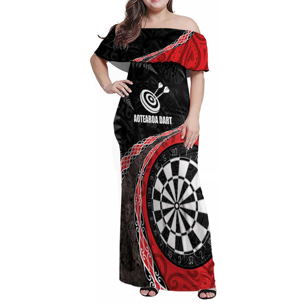 Personalised New Zealand Darts Family Matching Off Shoulder Maxi Dress and Hawaiian Shirt Koru Tribal Tattoo and Silver Fern Maori Pattern Red Color LT03 Mom's Dress Red - Polynesian Pride