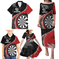Personalised New Zealand Darts Family Matching Puletasi and Hawaiian Shirt Koru Tribal Tattoo and Silver Fern Maori Pattern Red Color LT03 - Polynesian Pride