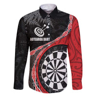 Personalised New Zealand Darts Family Matching Puletasi and Hawaiian Shirt Koru Tribal Tattoo and Silver Fern Maori Pattern Red Color LT03 Dad's Shirt - Long Sleeve Red - Polynesian Pride