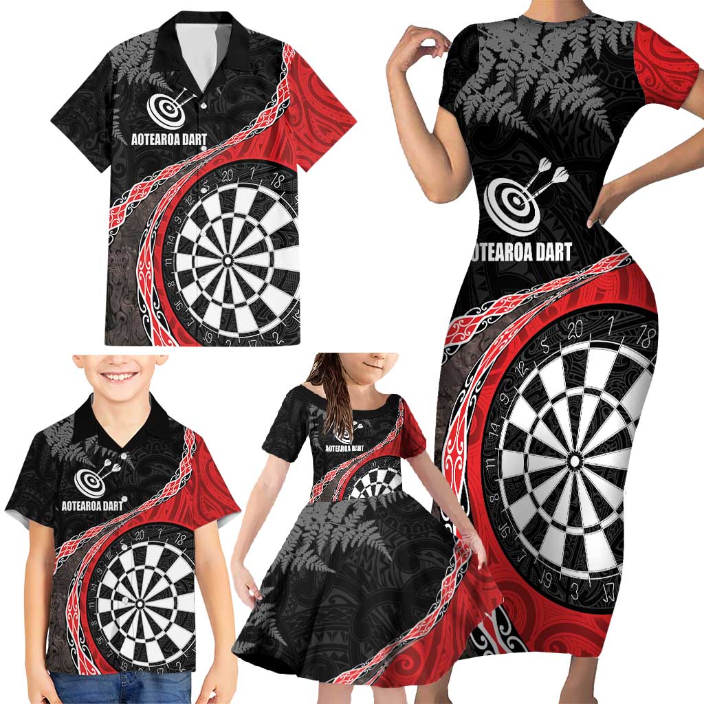 Personalised New Zealand Darts Family Matching Short Sleeve Bodycon Dress and Hawaiian Shirt Koru Tribal Tattoo and Silver Fern Maori Pattern Red Color LT03 - Polynesian Pride