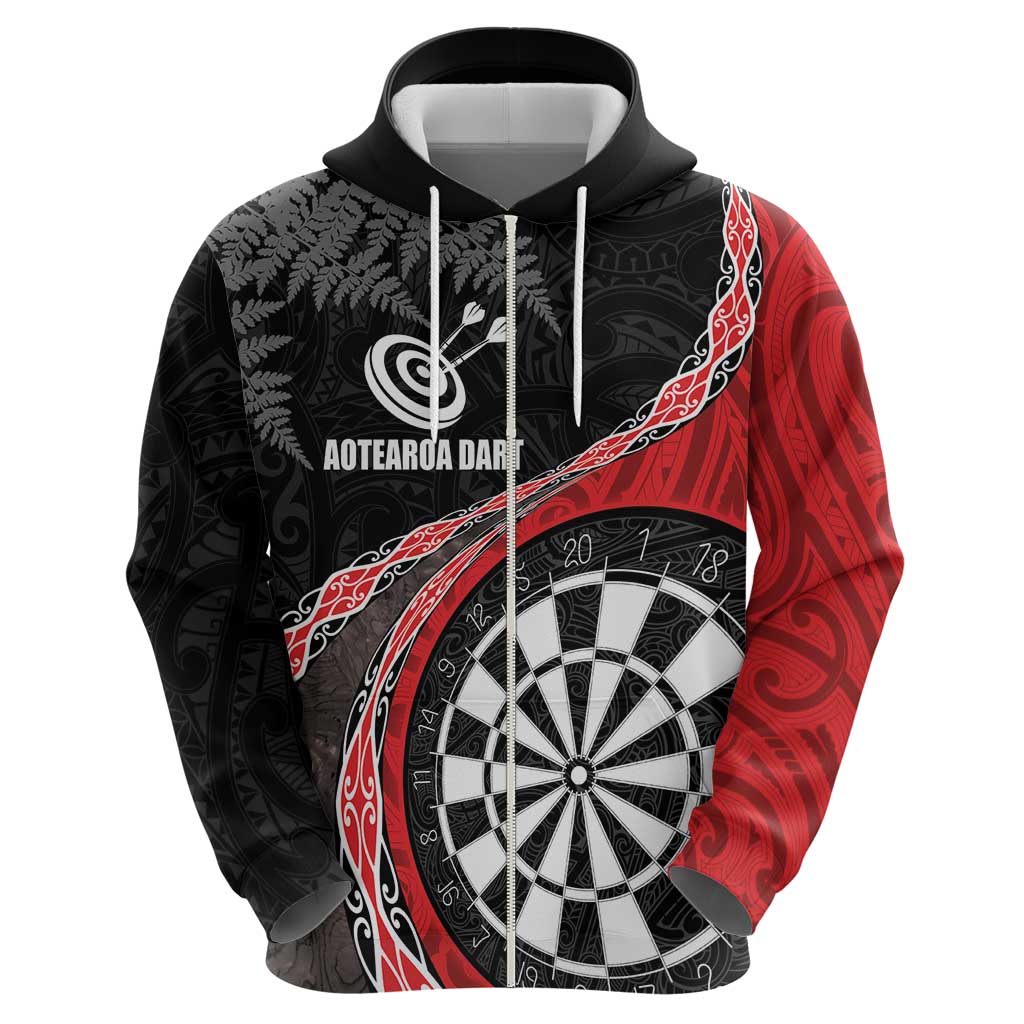 Personalised New Zealand Darts Hoodie Koru Tribal Tattoo and Silver Fern Maori Pattern Red Color LT03 - Polynesian Pride