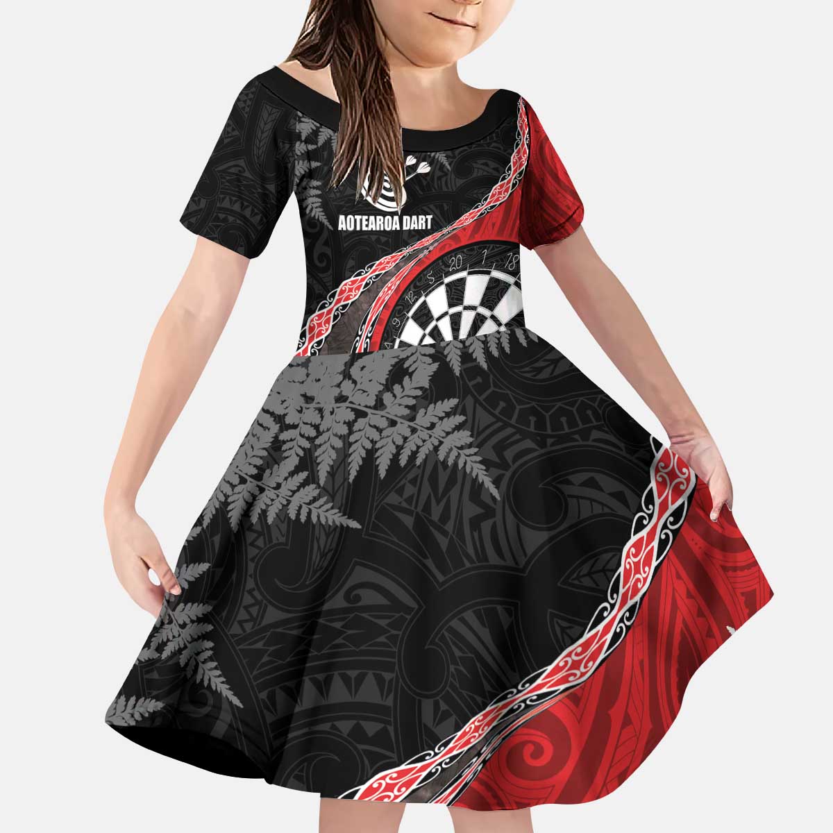 Personalised New Zealand Darts Kid Short Sleeve Dress Koru Tribal Tattoo and Silver Fern Maori Pattern Red Color LT03 KID Red - Polynesian Pride