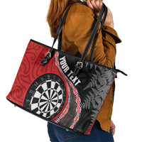 Personalised New Zealand Darts Leather Tote Bag Koru Tribal Tattoo and Silver Fern Maori Pattern Red Color