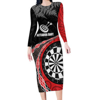 Personalised New Zealand Darts Long Sleeve Bodycon Dress Koru Tribal Tattoo and Silver Fern Maori Pattern Red Color LT03 Long Dress Red - Polynesian Pride
