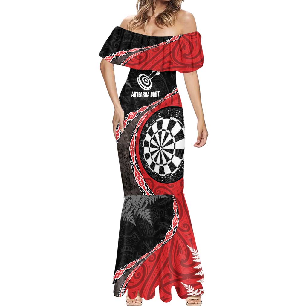 Personalised New Zealand Darts Mermaid Dress Koru Tribal Tattoo and Silver Fern Maori Pattern Red Color LT03 - Polynesian Pride