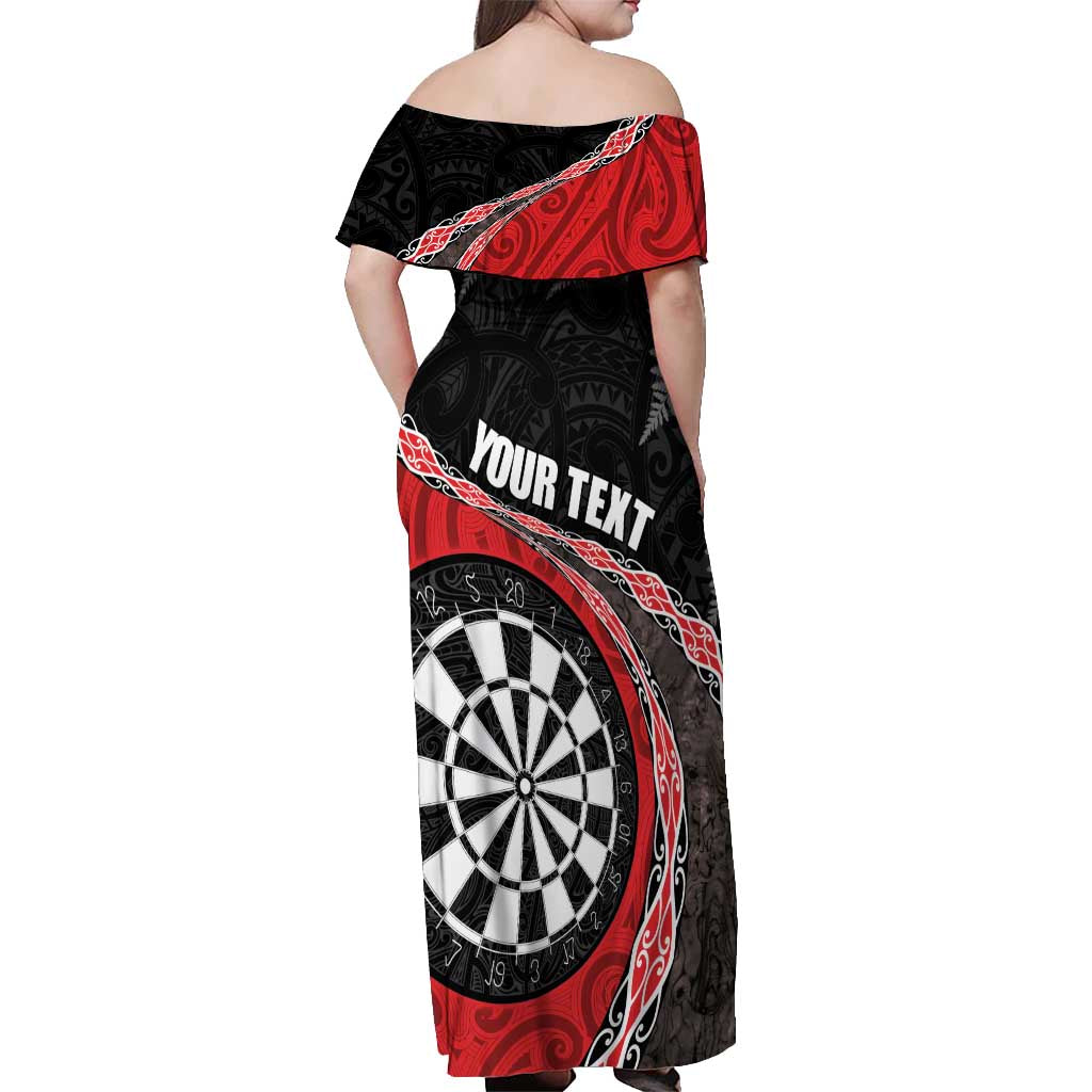 Personalised New Zealand Darts Off Shoulder Maxi Dress Koru Tribal Tattoo and Silver Fern Maori Pattern Red Color LT03 - Polynesian Pride