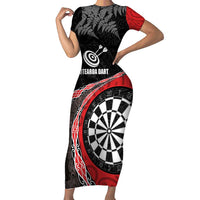 Personalised New Zealand Darts Short Sleeve Bodycon Dress Koru Tribal Tattoo and Silver Fern Maori Pattern Red Color LT03 Long Dress Red - Polynesian Pride