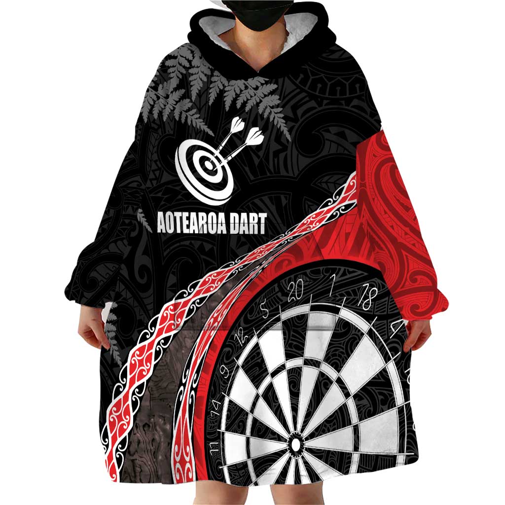 Personalised New Zealand Darts Wearable Blanket Hoodie Koru Tribal Tattoo and Silver Fern Maori Pattern Red Color LT03 - Polynesian Pride
