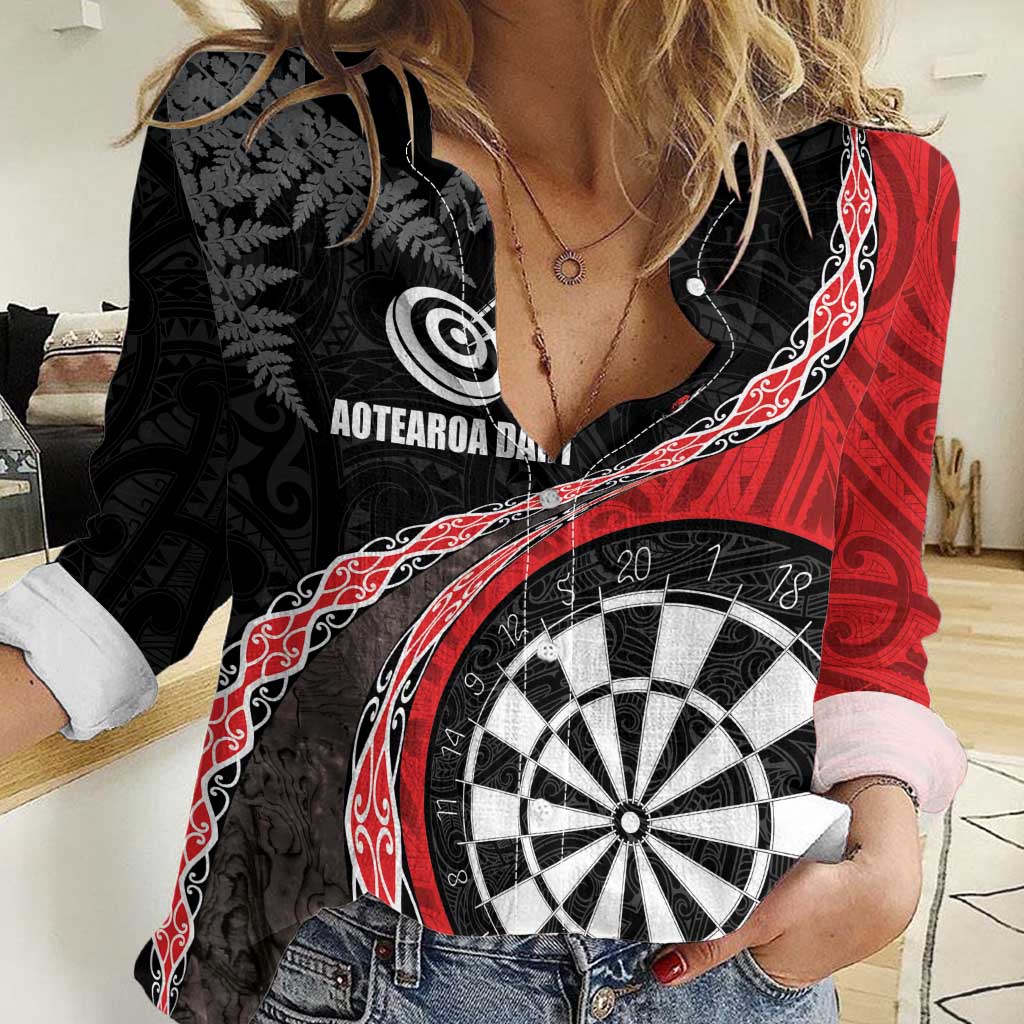 Personalised New Zealand Darts Women Casual Shirt Koru Tribal Tattoo and Silver Fern Maori Pattern Red Color LT03 Female Red - Polynesian Pride
