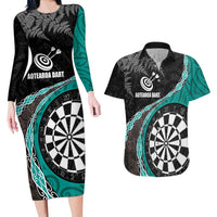Personalised New Zealand Darts Couples Matching Long Sleeve Bodycon Dress and Hawaiian Shirt Koru Tribal Tattoo and Silver Fern Maori Pattern Teal Color LT03 Teal - Polynesian Pride
