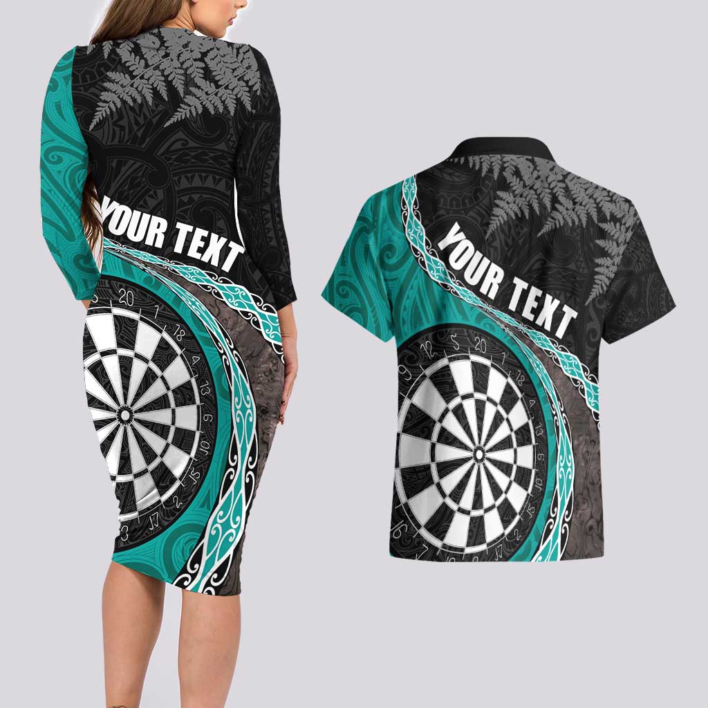 Personalised New Zealand Darts Couples Matching Long Sleeve Bodycon Dress and Hawaiian Shirt Koru Tribal Tattoo and Silver Fern Maori Pattern Teal Color LT03 - Polynesian Pride