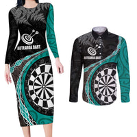 Personalised New Zealand Darts Couples Matching Long Sleeve Bodycon Dress and Long Sleeve Button Shirt Koru Tribal Tattoo and Silver Fern Maori Pattern Teal Color LT03 Teal - Polynesian Pride