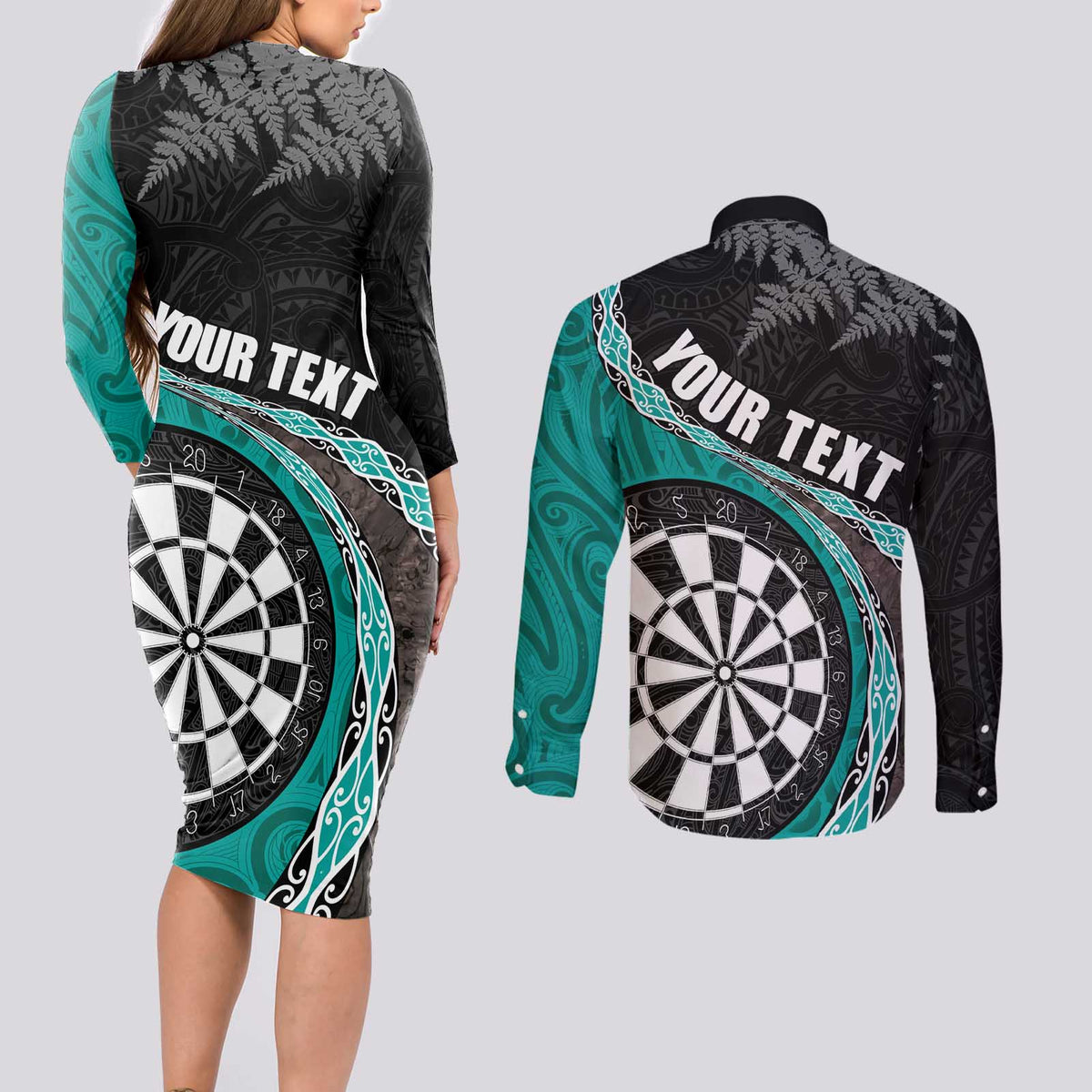Personalised New Zealand Darts Couples Matching Long Sleeve Bodycon Dress and Long Sleeve Button Shirt Koru Tribal Tattoo and Silver Fern Maori Pattern Teal Color LT03 - Polynesian Pride