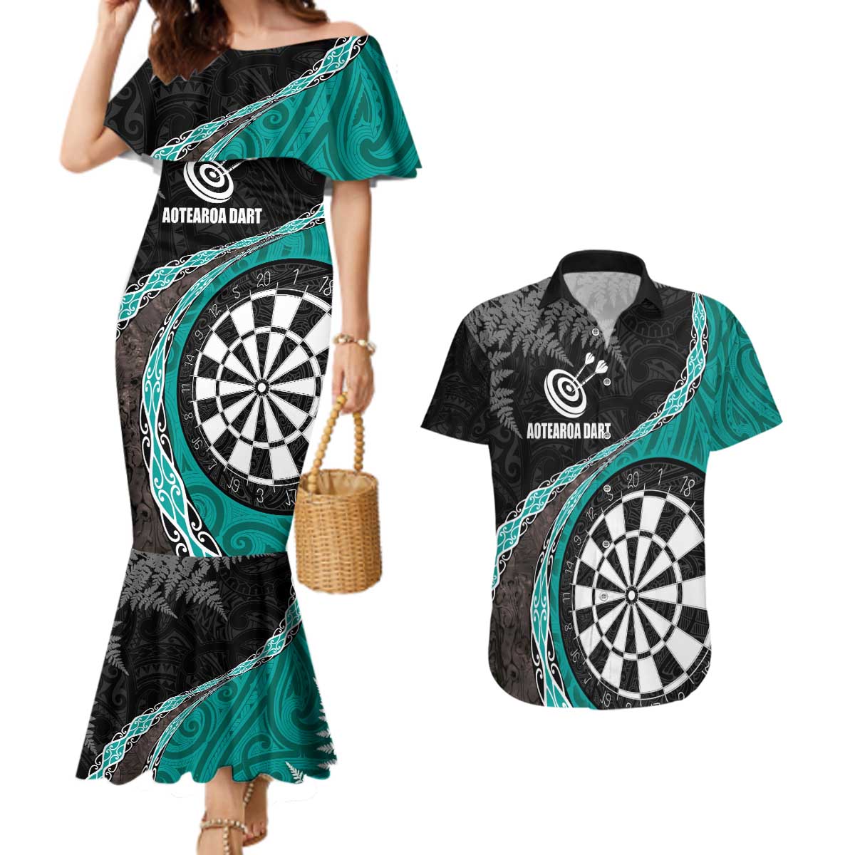 Personalised New Zealand Darts Couples Matching Mermaid Dress and Hawaiian Shirt Koru Tribal Tattoo and Silver Fern Maori Pattern Teal Color LT03 Teal - Polynesian Pride