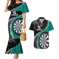 Personalised New Zealand Darts Couples Matching Mermaid Dress and Hawaiian Shirt Koru Tribal Tattoo and Silver Fern Maori Pattern Teal Color LT03 Teal - Polynesian Pride