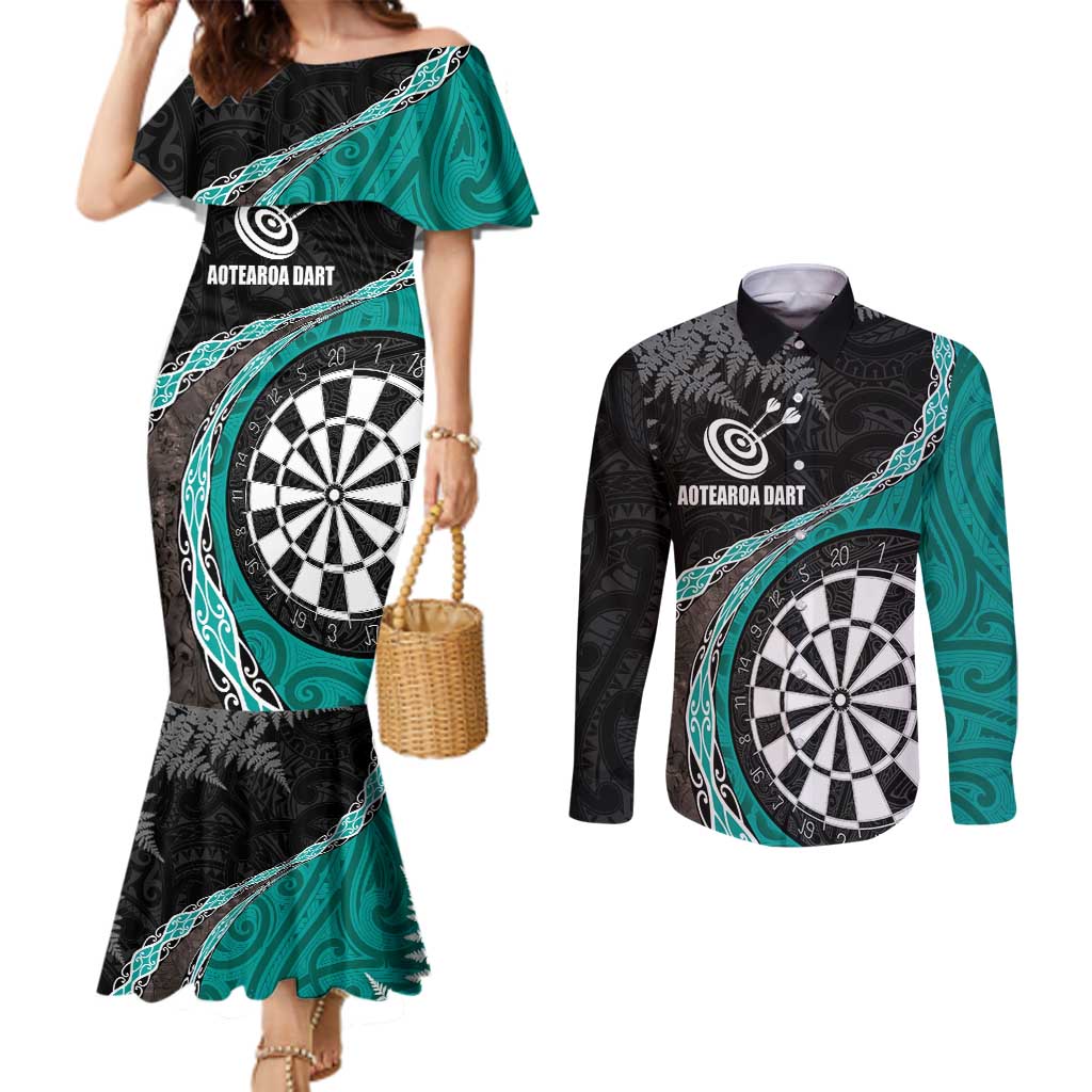 Personalised New Zealand Darts Couples Matching Mermaid Dress and Long Sleeve Button Shirt Koru Tribal Tattoo and Silver Fern Maori Pattern Teal Color LT03 Teal - Polynesian Pride